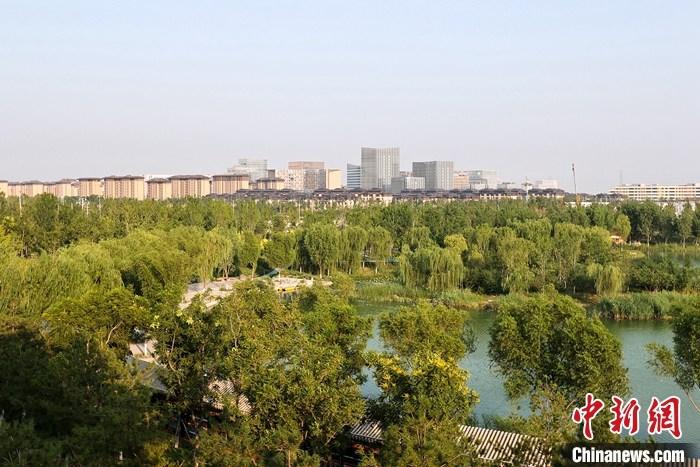從完成頂層設(shè)計(jì)到如火如荼大規(guī)模建設(shè)，六年來(lái)，雄安新區(qū)如春天的竹子一般拔節(jié)生長(zhǎng)，這座承載千年大計(jì)的“未來(lái)之城”已雄姿初顯。從“一張白紙”開始著墨，如今的雄安新區(qū)已是濃墨重彩的“山水畫”。<a target='_blank' href='/'>中新社</a>記者近日走訪了雄安新區(qū)多地，從“藍(lán)綠金”三色感受這座“未來(lái)之城”的巨大變化。圖為7月18日拍攝的河北雄安新區(qū)金湖公園。 <a target='_blank' href='/'>中新社</a>記者 易海菲 攝